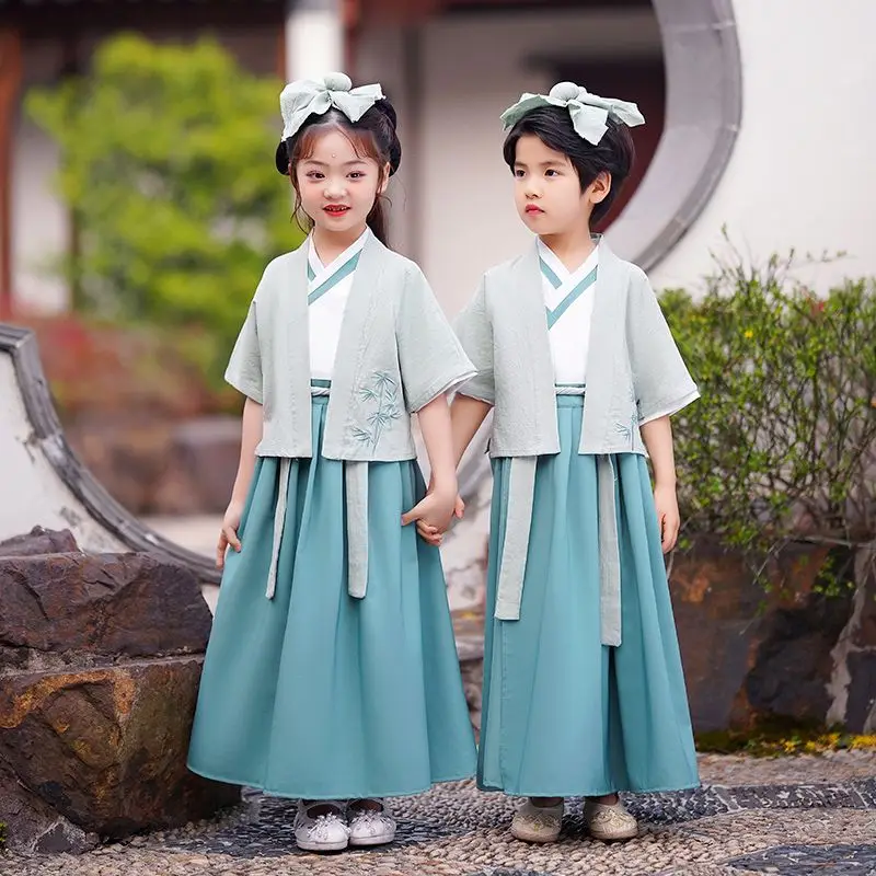 Fato de seda chinesa para crianças, hanfu para meninos, quimono tradicional chinês tradicional, estudantes étnicos vintage, dança do coro