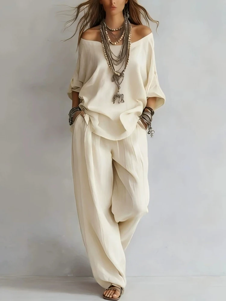 

Женский повседневный комплект из льна с рукавом 3/4: элегантный костюм из 2 предметов с высокой талией, свободный крой, сексуальный топ с открытыми плечами и длинные брюки