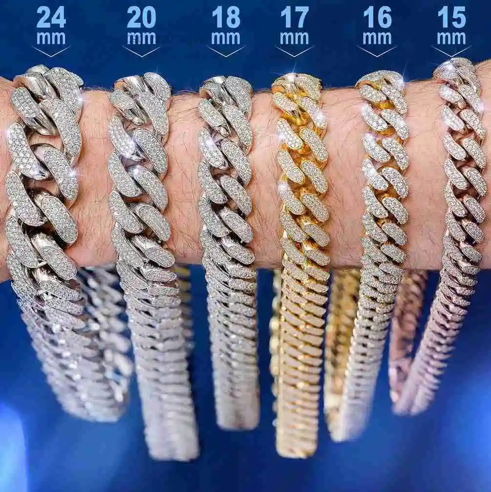 Big Custom Size 18mm 20mm 22mm 24mm Moissanite Cuban Link Chain Bracelet Hip Hop Style Iced Out Vvs Diamond Cuban Fine Necklace.