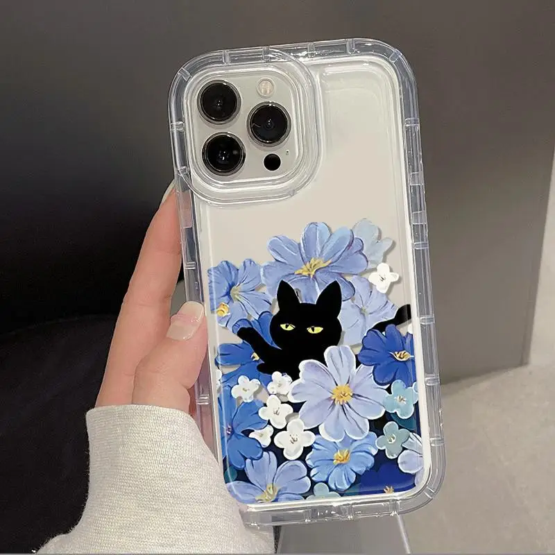블랙 캣 플라워 케이스 아이폰 17 16 15 14 프로 맥스 13 12 미니 11프로 XR 7 8 플러스 충격 방지 커버 방진 케이스