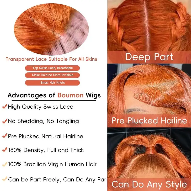 Ginger Orange 13X6 Hd Lace Frontal Human Hair Wig 200 Density Body Wave Human Hair Wigs 13X4 Brazilian Orange Colored Hair For Women view 6