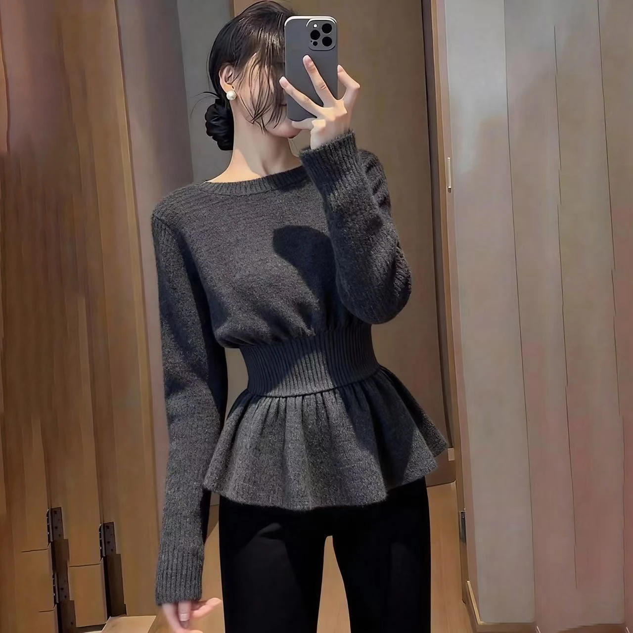 Peplum Knit Sweater Women Round Neck Long Sleeve Slim Waist Ruffled Hem Elegant Casual Knitted Pullover Lady Fashion Tops