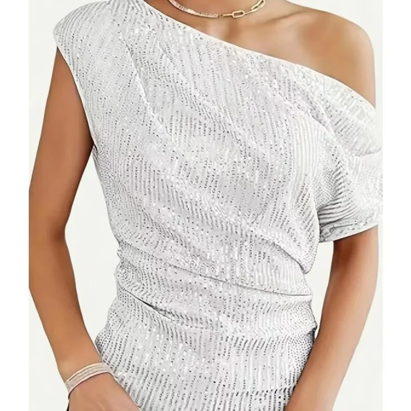 CustomizedOnes 숄더 스팽글 여성용 반짝 이는 탑 셔링 비대칭 글리터 탑 슬리밍 스파클 파티 셔츠 풀오버