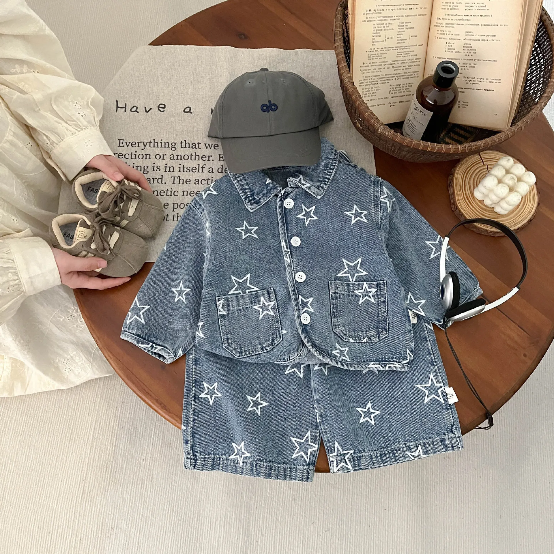 Denim Baby's Sets Cool Boy Spring Denim Suit New Baby Fashion Star Jacket Casual Straight Leg Pants 2Pcs Set
