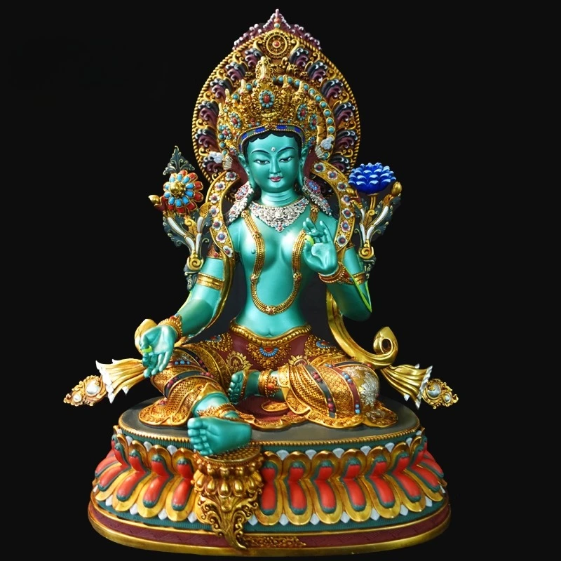 Nepal Tibet Craft Handmade Pure Copper Green Tara Statue Tibetan Buddhist Tantric Painted