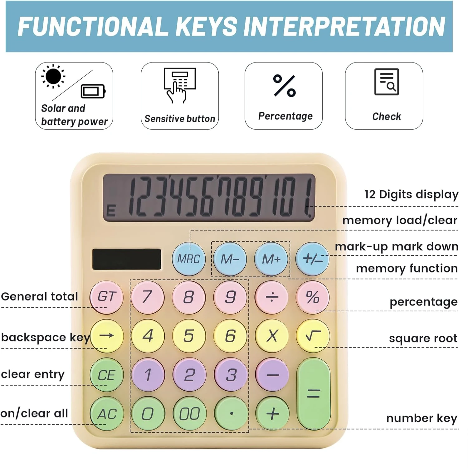 Calculators Desktop, Blue Mechanical Calculator, Cute Calculator 12 Digit Desk  Calculator Large Display, Dual Power Solar Batte