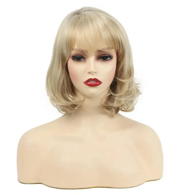 Women Natural Synthetic Short Wig Wavy Blonde Daily Cosplay Party Wig with Bangs High Temperature Fiber