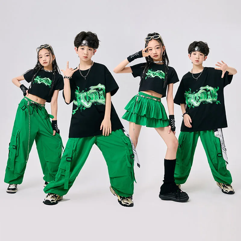 

Kid Kpop Hip Hop Clothing Black Crop T Shirt Top Green Parachute Cargo Pants Layered Pleated Skirt for Girl Boy Dance Costumes