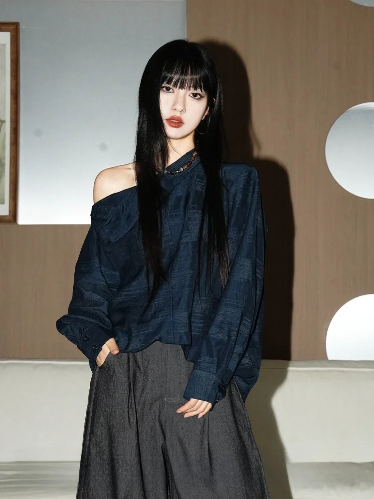 

Retro Spicy Girl Design Long Sve oulder Bared Loose Women's irt Spring Ele Casual Sle Polyester Straight Cut