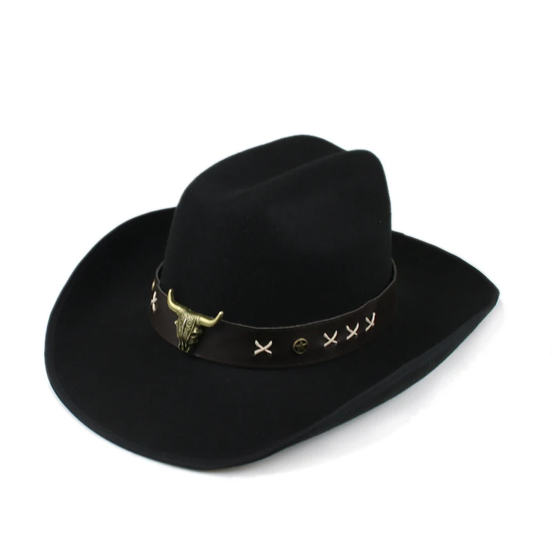 

Retro Big OX Head Vintage Leather Band Retro Autumn Winter Warm Women Men Felt Yellowstone Cap Cowboy Hat 56-59cm Adjust