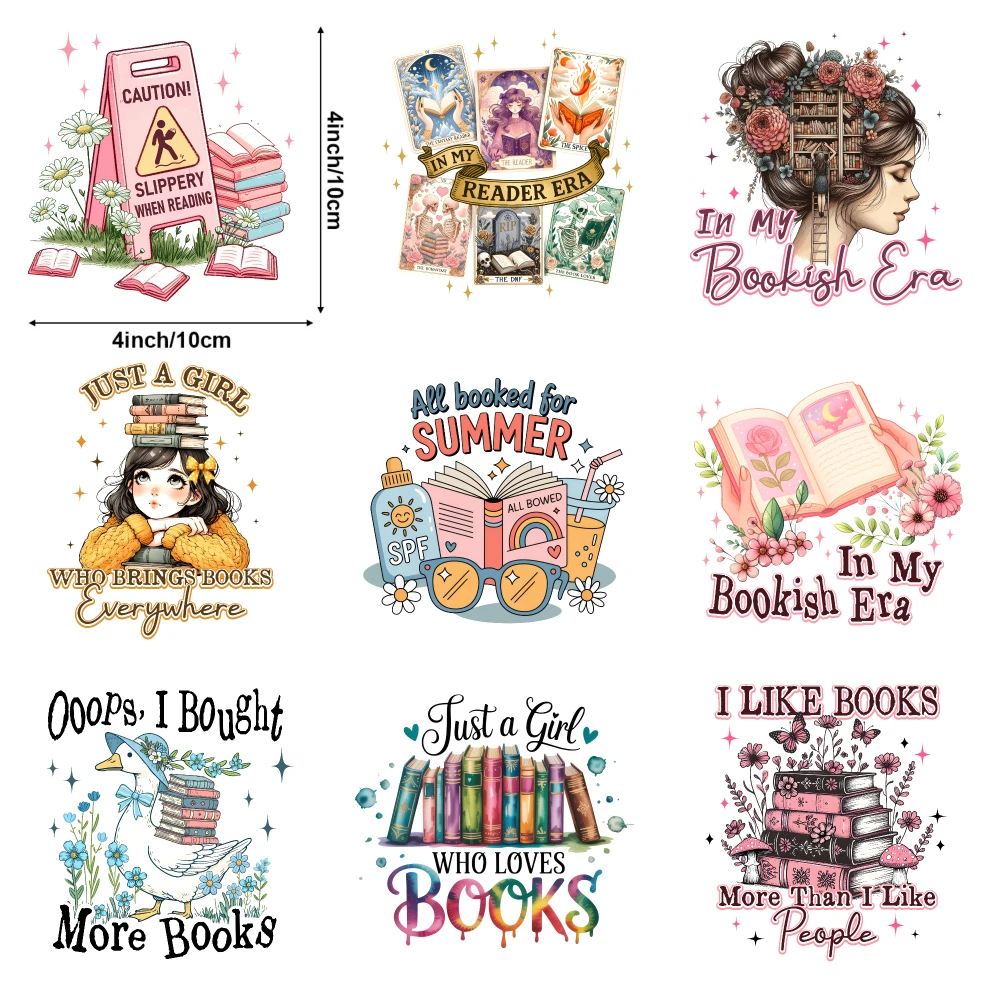 9 Pcs Bookish Girl Iron on Transfers Iron On Transfer Patches Hoodie DIY Crafts Easy to heat press decals Washable heat