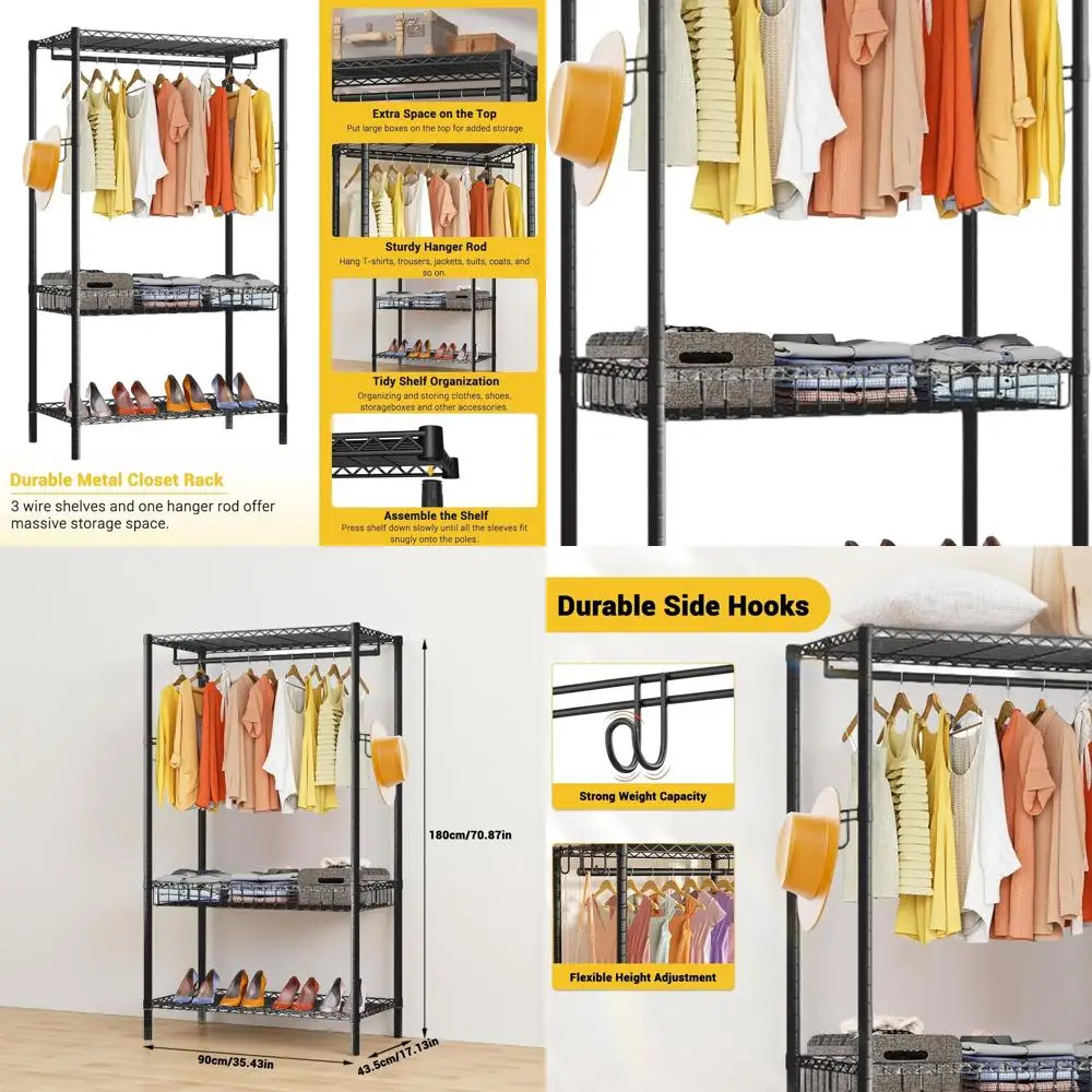 رف ملابس عالي التحمل، رف ملابس دوار من 3 طبقات لتعليق الملابس، رف ملابس سلكي قابل للتعديل مع أرفف تخزين، مقاس L #1