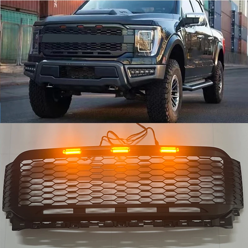 2021 F150 ABS Matte Black Raptor Style Front Grille Bumper Racing Grills Wiht Amber LED Light Fit For Ford F150 2021 Auto Part