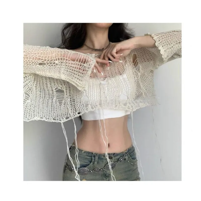 2024 Y2K Women\'s Knit Tshirt Hollow Out Knitwear Cropped Sweater Spring Short Networks Jumper Vintage Gyaru Korean Fashion