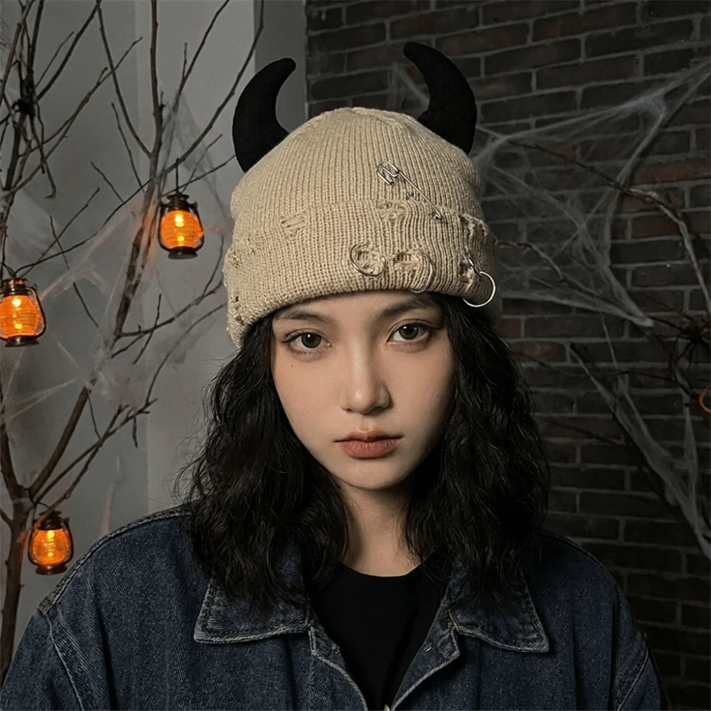 Lovely Yarn Devil Horns Hat Distressed Solid Color Winter Pullover Cap Harajuku Adjustable Knitted Beanie Halloween Cosplay