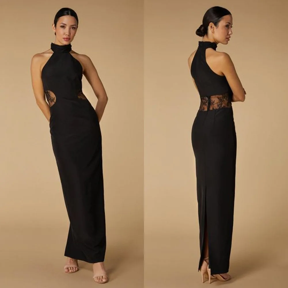 Personalizado de alta qualidade na altura do tornozelo halter preto apliques sem mangas a linha robe de soirée bleu vestidos de pies 이브...........