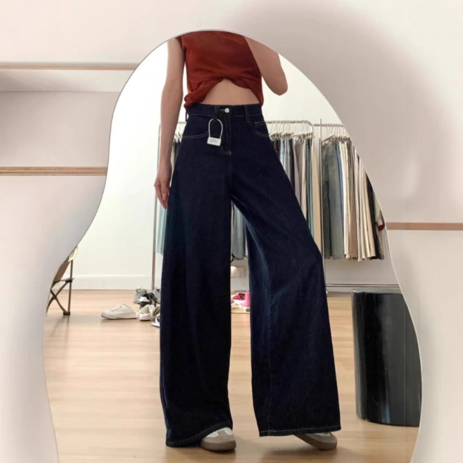

High Waist Wide Leg Jeans Women's Loose Fitting Floor Length Slimming Versatile Trousers Casual Cotton Button Closure