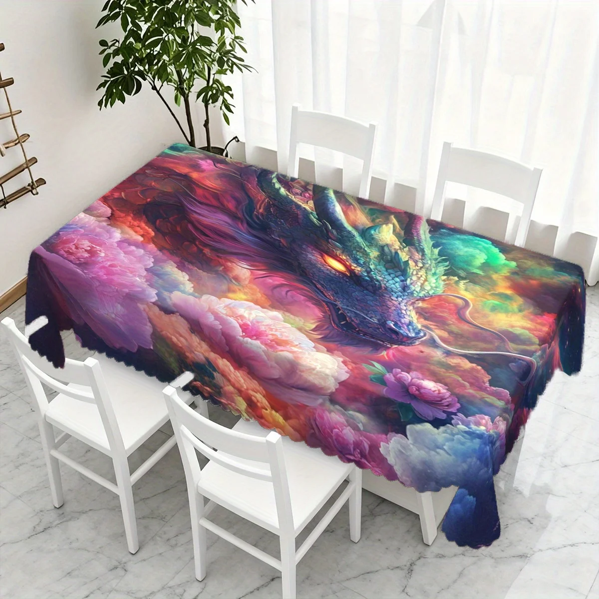 Dragon Tablecloth, Colorful Fantasy Dragon with Peony Flower Print Cover, Washable Table Cloth for Party, Mystic Art Home Table