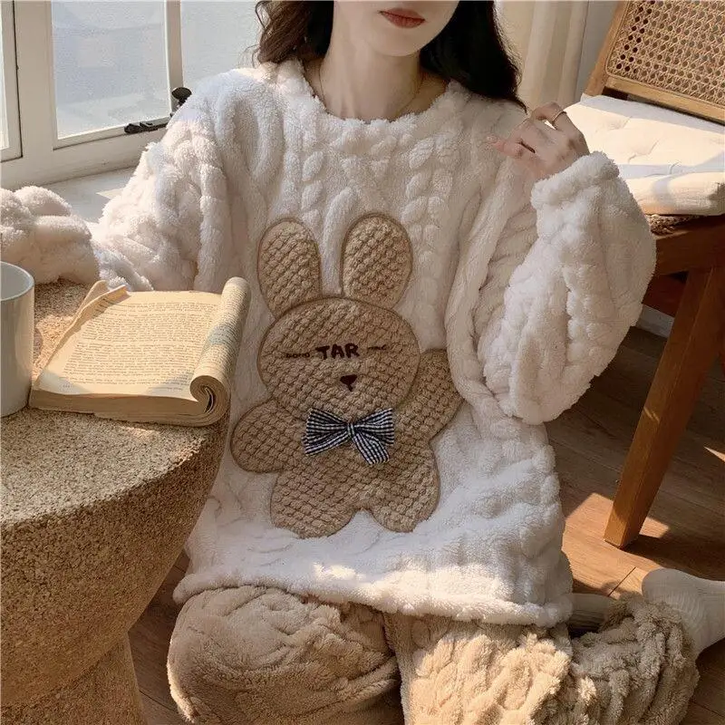 

Cartoon Women's Pajama Set Girl Winter Homewear Sexy Nightwear Pjs Woman Home Wear Quilted Warm Coral Fleece Kawaii Sleepwear