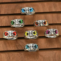 New Vintage Owl Rings For Women Men Design Multicolor Cat Eye Finger Rings Silver Color Adjustable Opening Animal Couple Jewelry