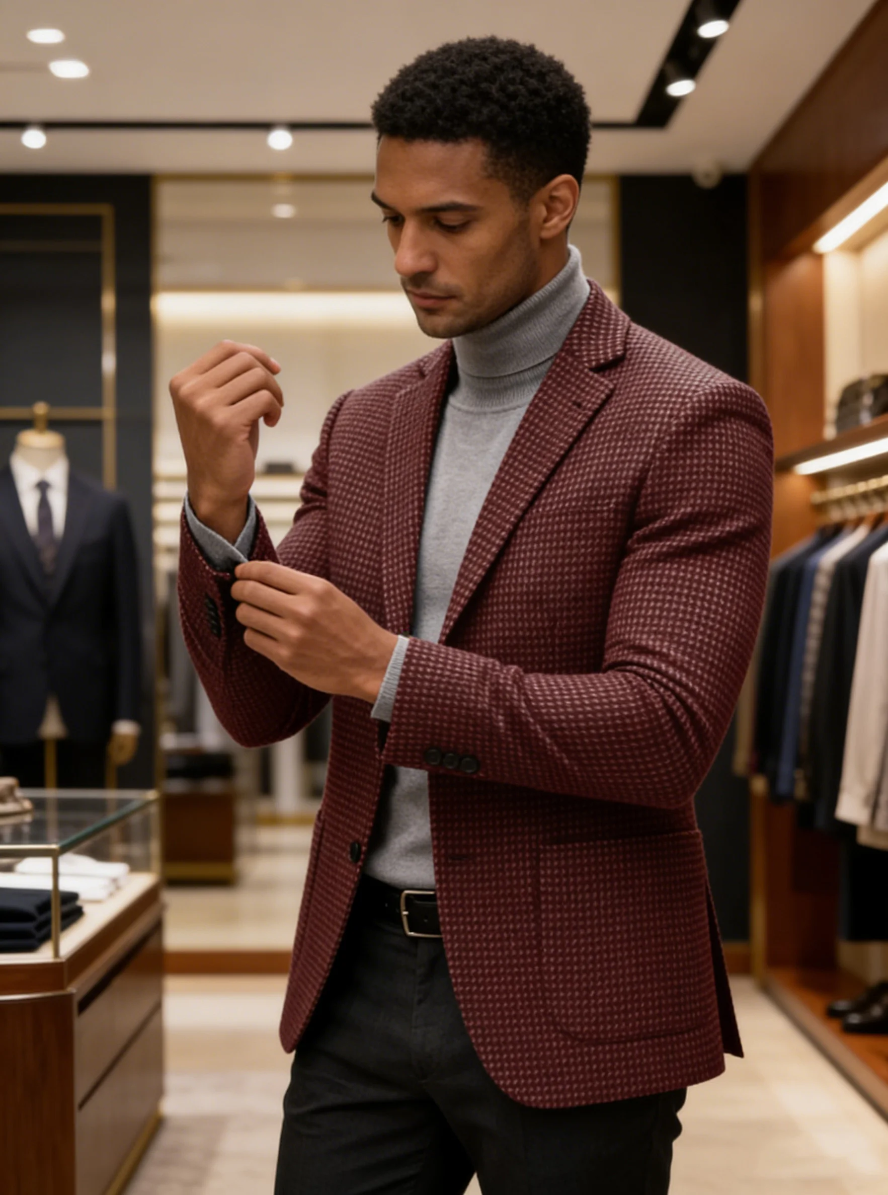 Men's Vintage Houndstooth Tweed Blazer Burgundy Slim Fit Notch Lapel Patch Pocket Fashion Two Buttons Business Casual Jacket image 5
