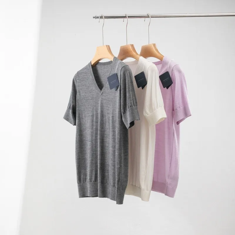 Фото Немецкая пряжа Yangzi, 100% сверхтонкая мериносовая шерсть, трикотажная футболка с v-образным вырезом и короткими рукавами, базовый слой для женщин, свободная, повседневная, простая, тонкая для поездок на работу