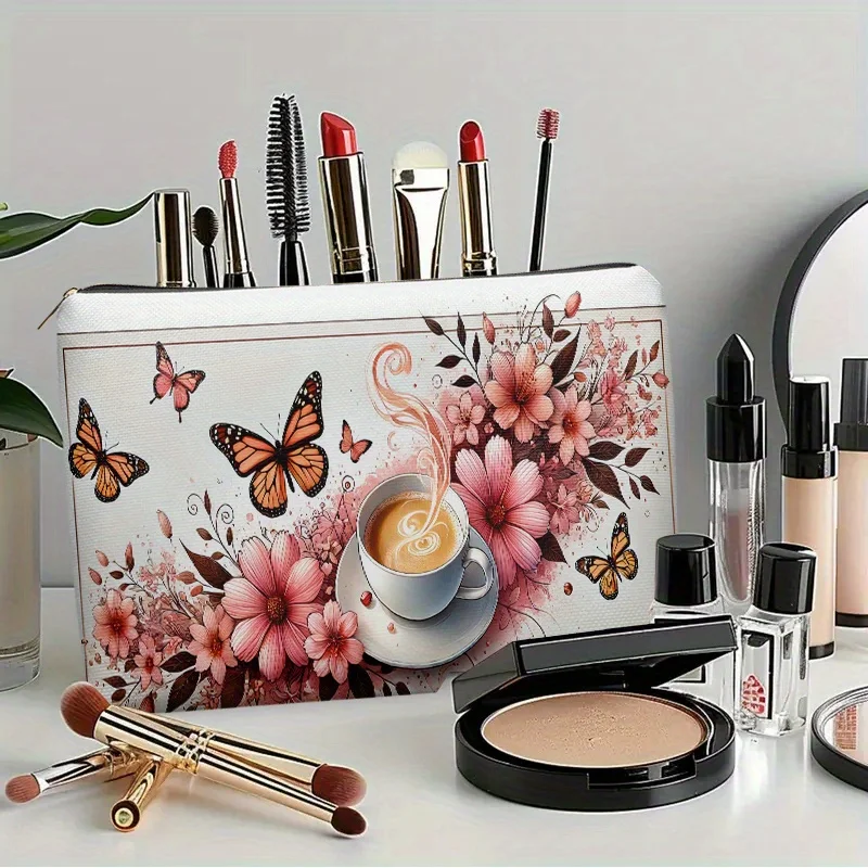 Bolsa de maquillaje con diseño de mariposa y flor de café, bolsa multifuncional con cremallera, bolsa de almacenamiento de joyas, bolsa pequeña con cremallera de viaje perfecta