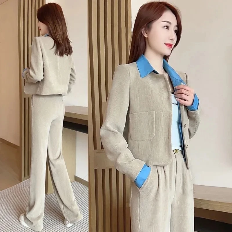 

Fashion Casual Corduroy Sets 2023 Spring Autumn Fake Two Pieces Short Jacket Coat And Wide Leg Pants 2PCS Elegant Women Outfit