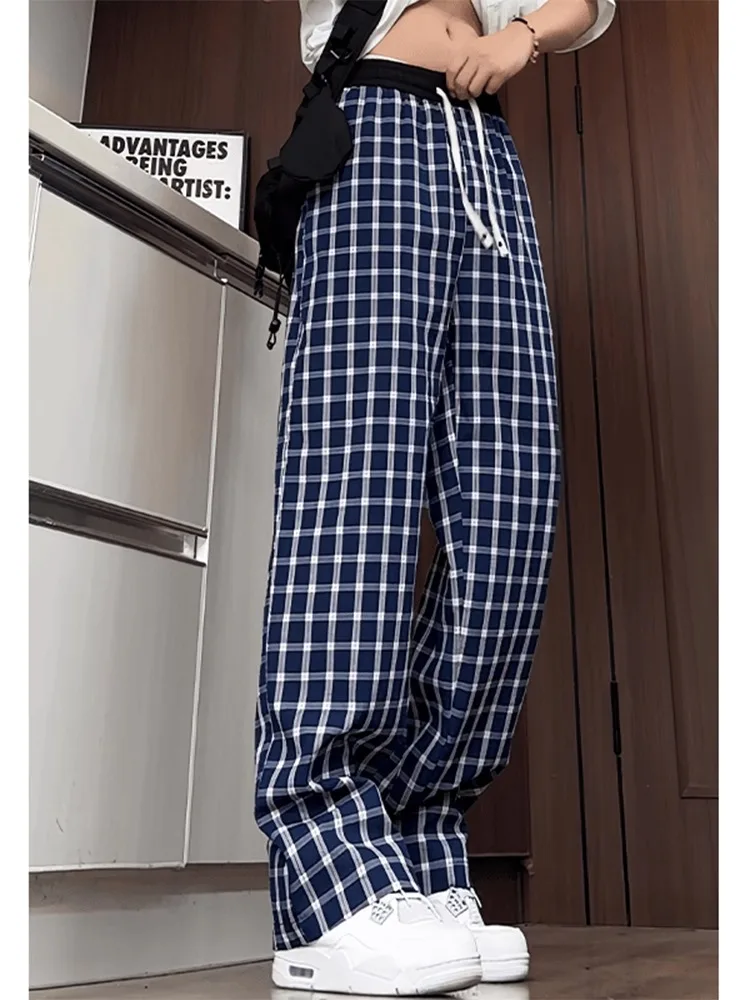 

Bla White Plaid Men's Summer Lightweight Loose Wide Leg Pants American Cleanfit Straight Casual Trousers Breathable Loose Fit