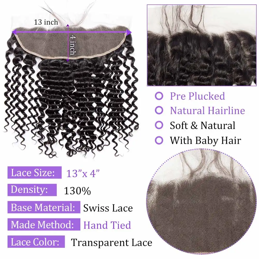 Deep Wave 3 4 Bundles with Frontal Brazilian Virgin Hair 13x4 Transparent Lace Frontal Brazilian Human Hair Extensions For Women