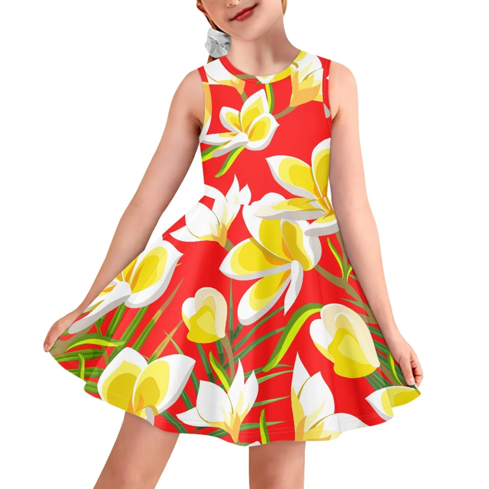 

Tropical Flowers Frangipani Rose Printing Girls Sweet Dress Sleeveless Summer for Kids Clothes Baby Girls Party Princess Dresses