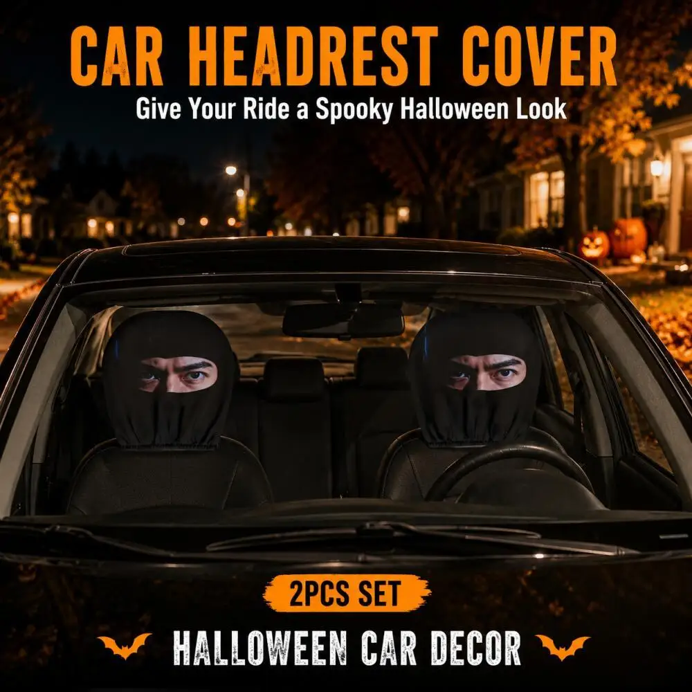 2 Pieces Halloween Masked Ninja Face Car Headrest Covers Creepy Half Face Human Eye Print Spooky Prank Interior Decoration