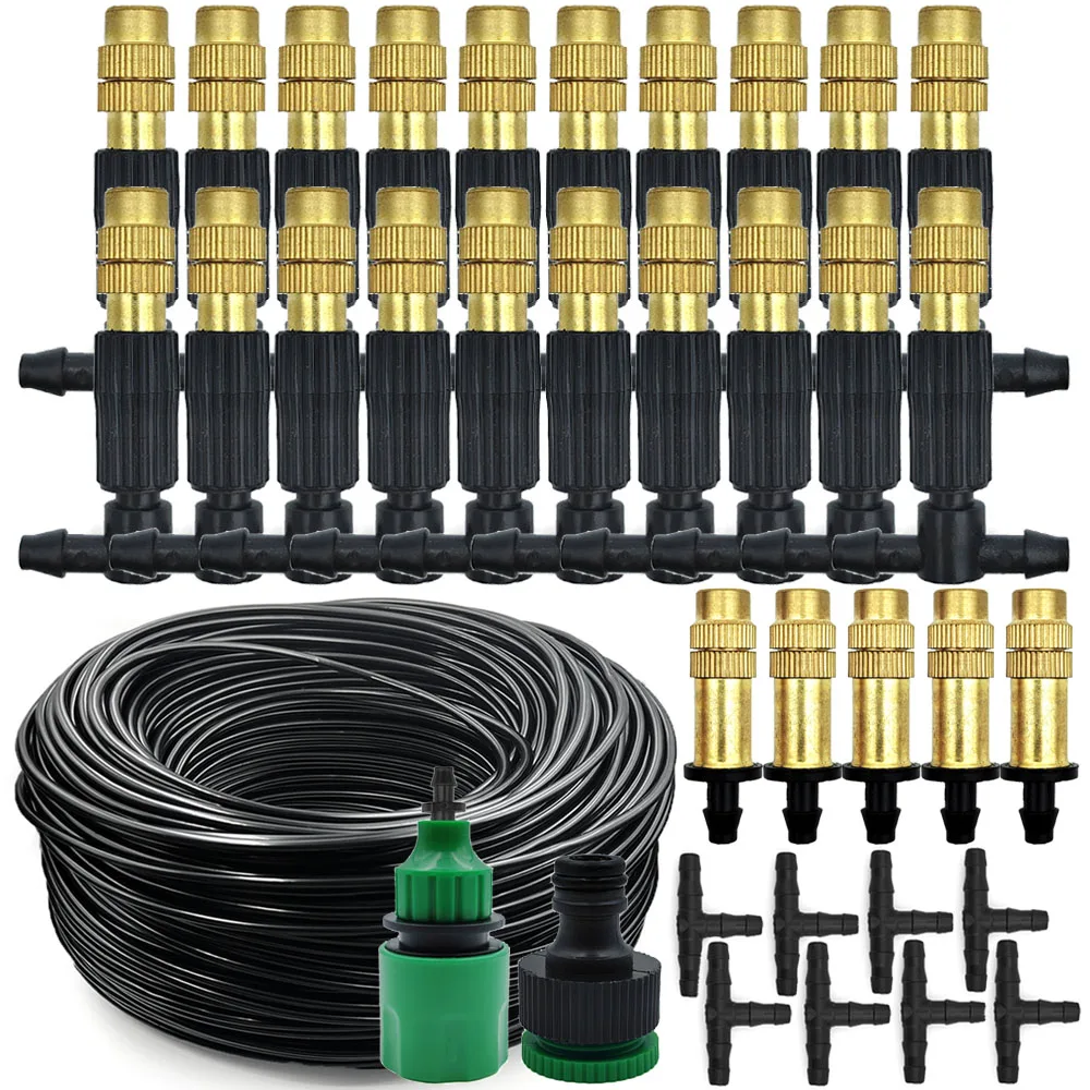 15M-30M Outdoor Misting Cooling System Garden Irrigation Watering 1/4\'\' Brass Atomizer Nozzles 4/7mm Hose for Patio Greenhouse