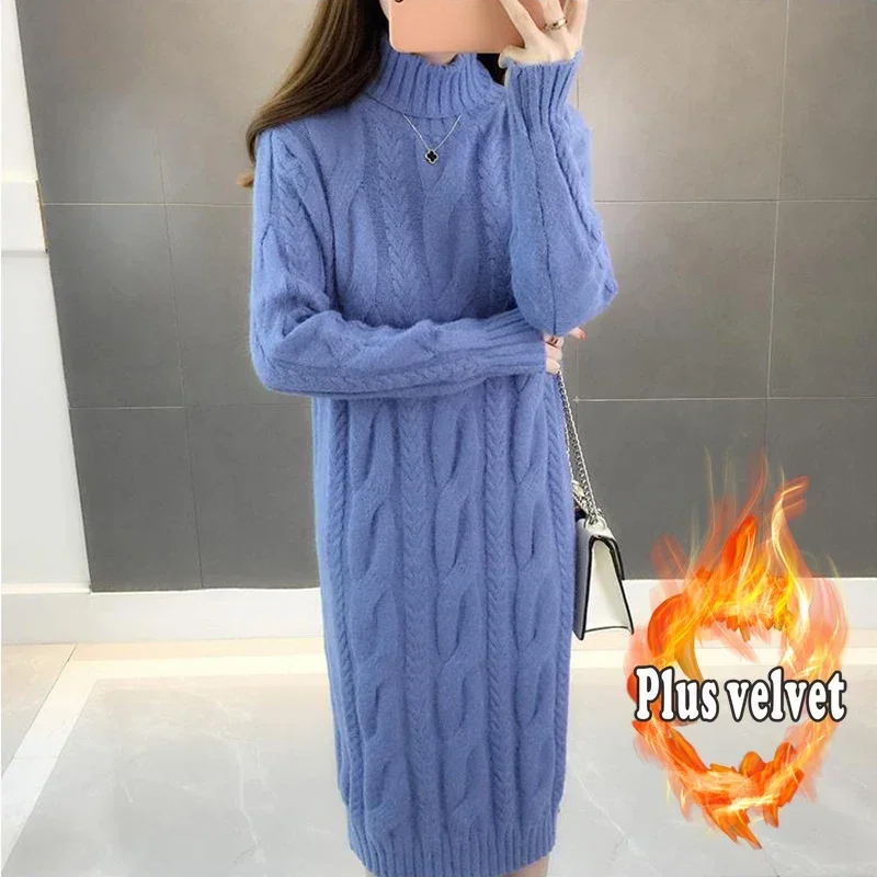 

2024 Winter Pain Knitting Dressed Woman Warm Candy Color Rib Knited Pullover Dress Elegant Chic Solid Maglyon Dresses L356