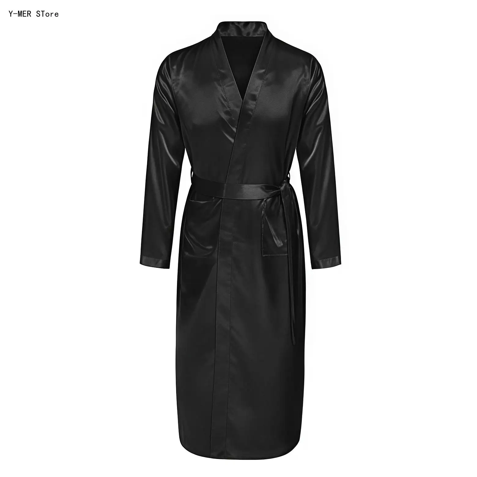 Men Spring Summer Satin Robe Long Open Front Gown Soft Male Loungewear Casual Bathrobe for Home Bedroom Indoor Daily Wear