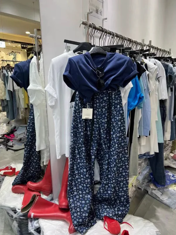 

Ele, повседневные широкие брюки с цветочным принтом, женские летние новые футболки Sle ort Sve, топ, комплект из двух предметов, корейский Sle Faion