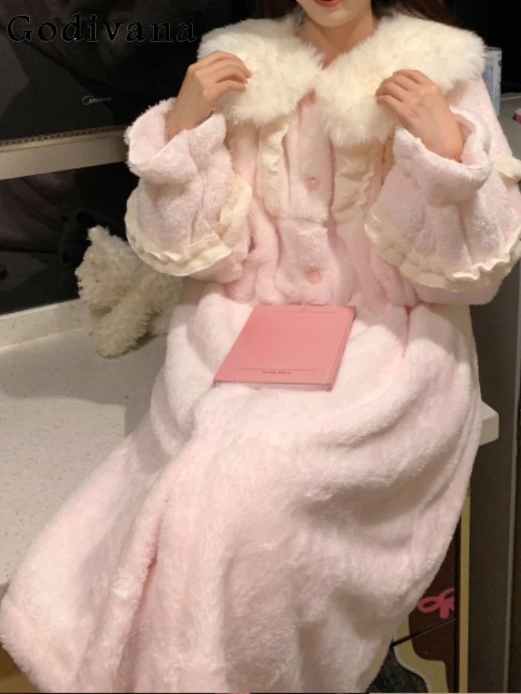 حجم كبير الحلو الوردي الأميرة الحد من العمر ثوب النوم النساء الخريف الشتاء سميكة الدافئة المرجان بيجامة من الصوف المتسكعون مجموعة #1