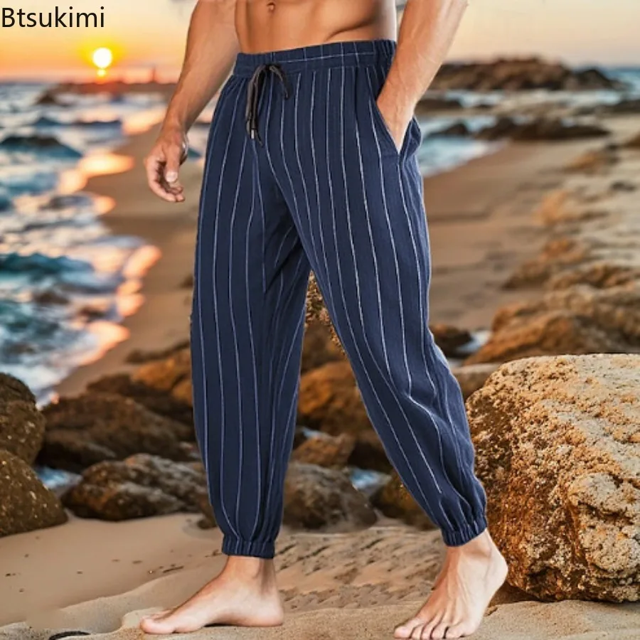 Fashion Striped Summer Linen Pants Men's Casual Breathable Beach Trousers with Pockets Simple Versatile Baggy Sweatpants for Men