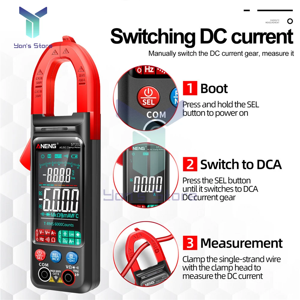 ANENG  ST212 PRO Digital Clamp Meter NCV Ohm Test 6000 Counts Multimeter DC/AC Voltage Current Tester Car Amp Hz Color Screen