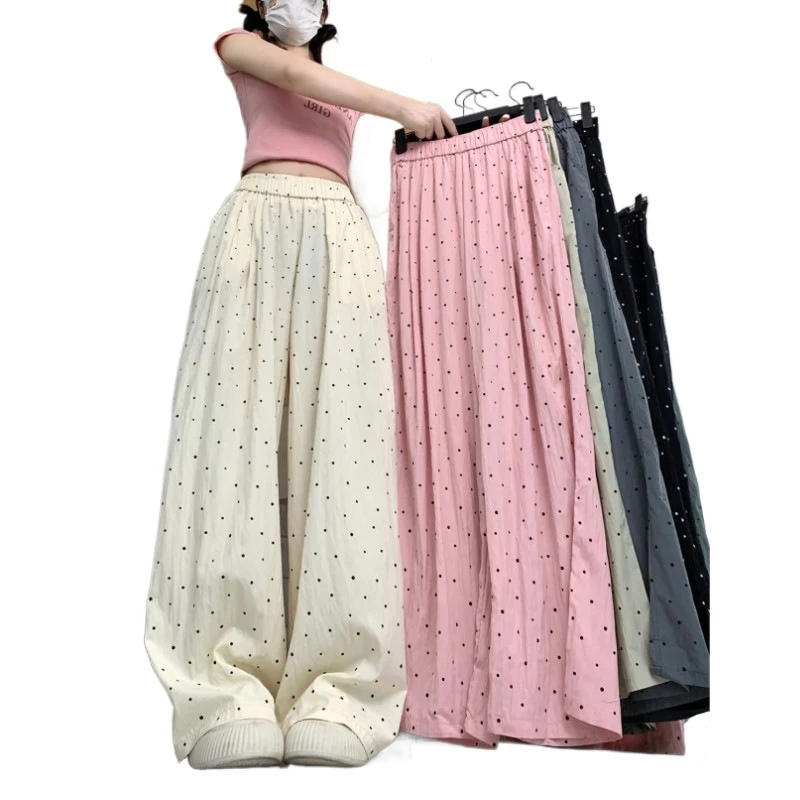 Sleeping Pants Women Trousers Polka Dots Solid Color Fashionable Straight-Leg Trousers Breathable Lounge Pants Pajama Pants view 2