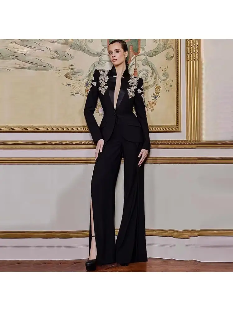 

2025 Spring European Fashion Elegant Diamond Beaded Vertical Collar Suit And Split Pants Trousers Sets For Women 2 Pieces