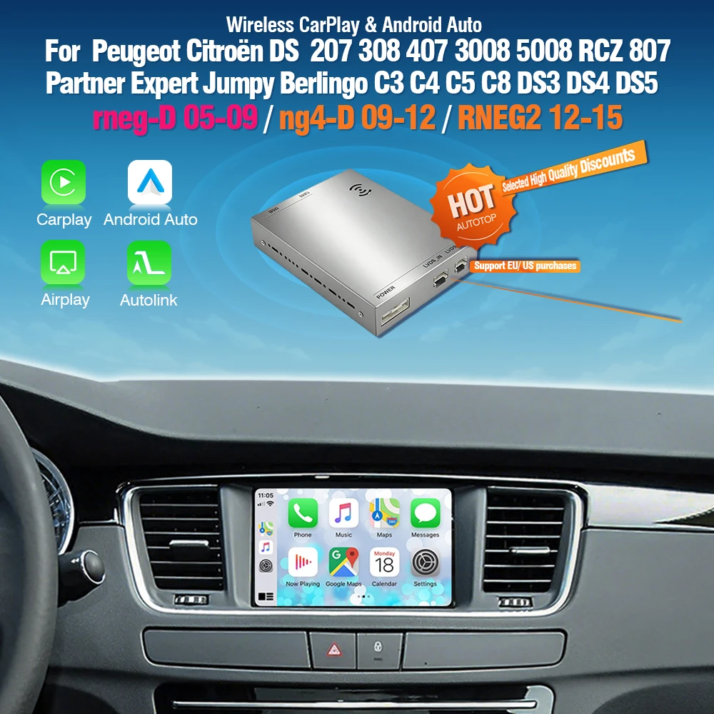 Décodeur sans fil CarPlay Android Auto AUTOTOP pour Peugeot Citroën DS rneg ng4 RNEG2 507 308 3008 5008 RCZ Module de connexion Mirror Link pour voiture