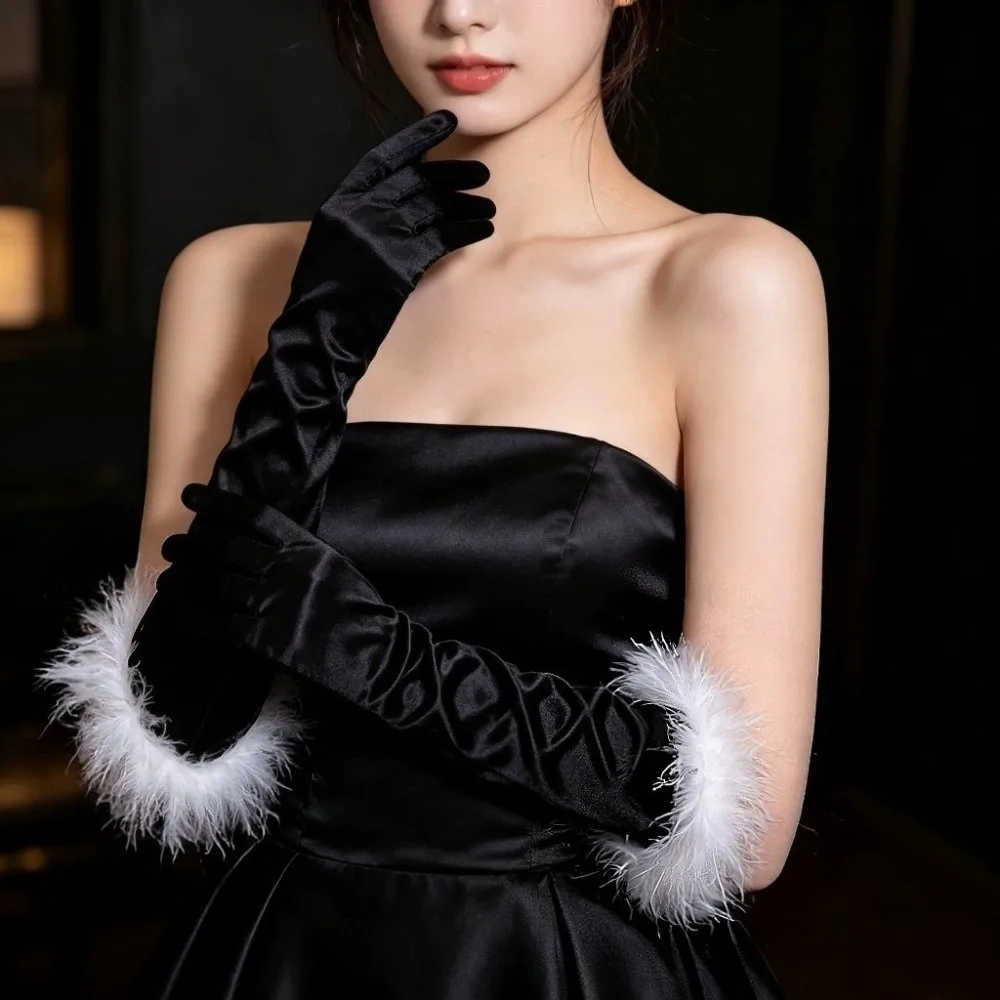 Classic Satin Material Satin Long Gloves Elbow Length Feather Trim Elbow Length Gloves Long Style Evening Gloves Cosplay