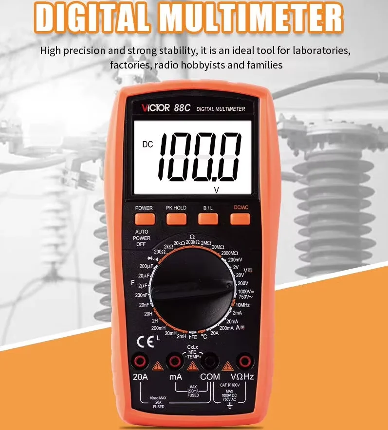 Victr  88C 3 1/2 1999 Counts Smart Digital Multimeter With True RMS LCD Screen 28mm Unit Sign/backlight and Overload protection