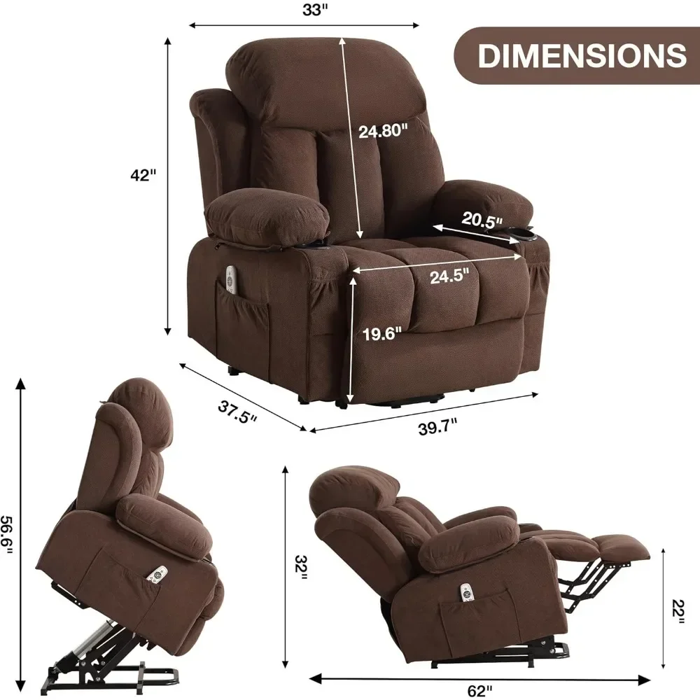 Power Lift Recliner Chair with Heat and Massage Electric Fabric Recliner Chair for Elderly with Side Pocket, USB Charge Port