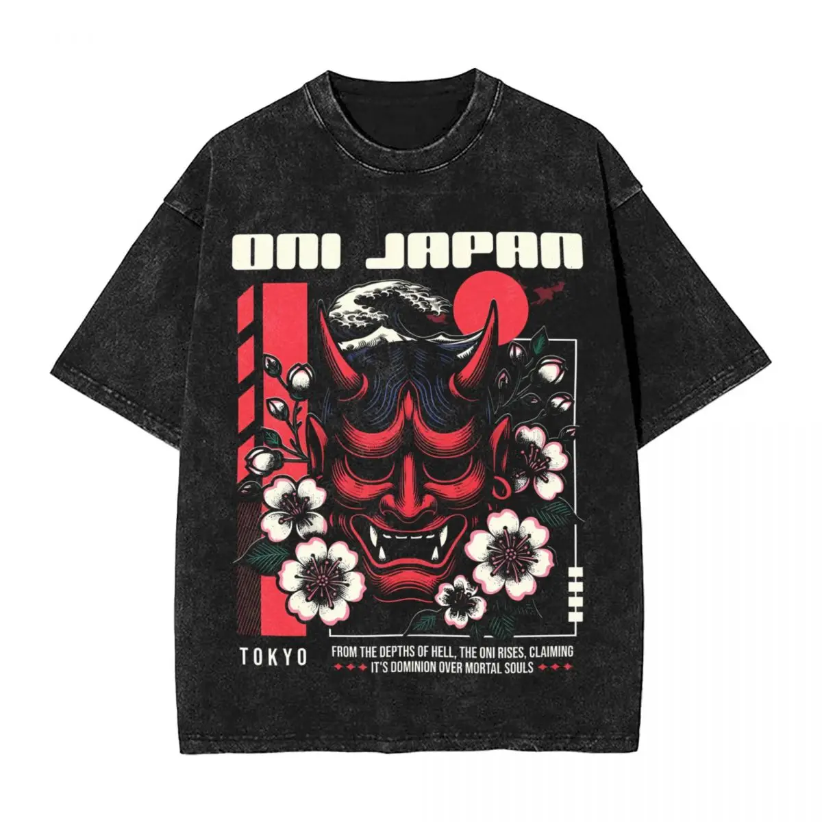 

Angry Red Oni Mask Demon woman Men Washed Hot stamping Print T-Shirt,Harajuku Cotton Tshirt Men's Summer Short Sleeve Tees