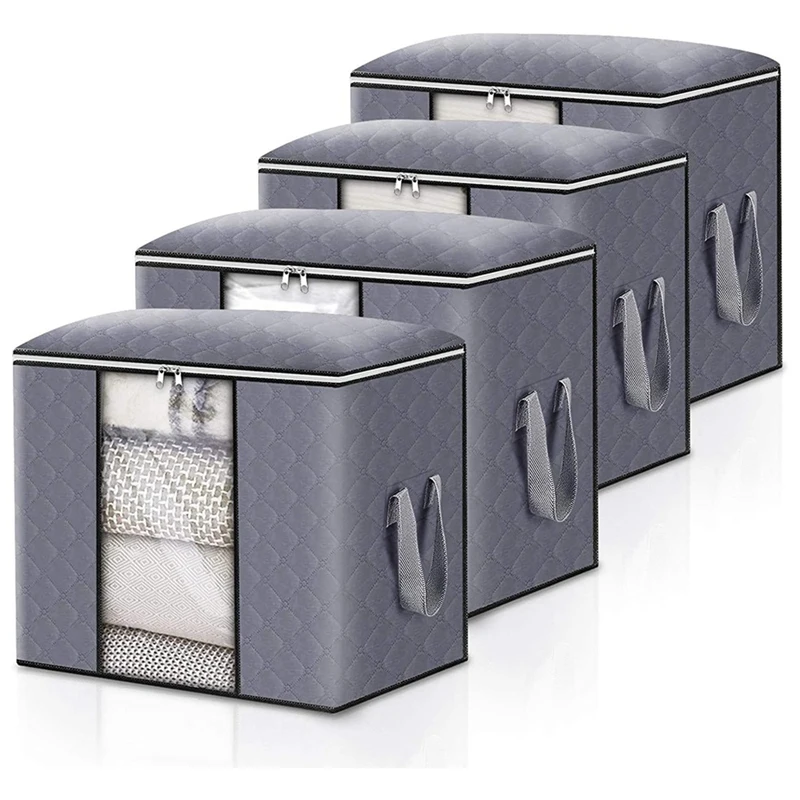 

4 Packs Foldable Storage Bag Organizers With Zips,Reinforced Handles&Clear Window Large Capacity Clothes Storage Bag