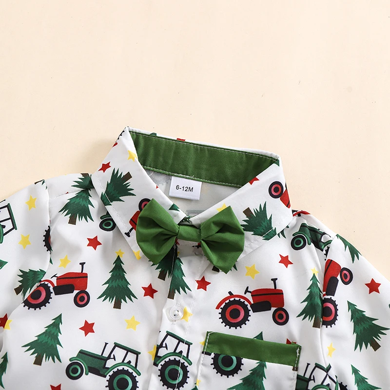 Рождественский наряд для маленьких мальчиков, рубашка на пуговицах с короткими рукавами и тракторной елкой, однотонные шорты с эластичной резинкой на талии, комплект из 2 предметов