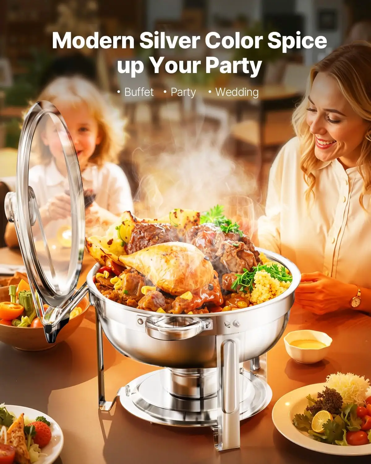 Chafing Dish Buffet Set, 5 Qt 4 Pack, Stainless Steel Chafer with 4 Full Size Pan, Round Catering Warmer Server with Glass Lid W