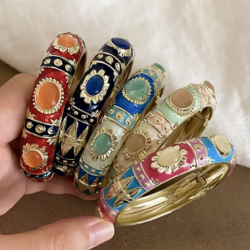 Minar Vintage Multicolor Contrasted Enamel Oval Opal Natural Stone Flower Chunky Bangles for Women Gold Plated Alloy Bracelets